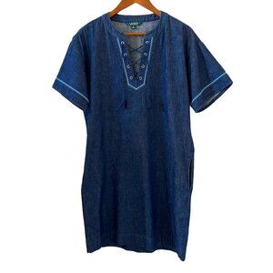 Lauren Ralph Lauren Lace-Up Cotton Embroidered Denim Dress Size 10